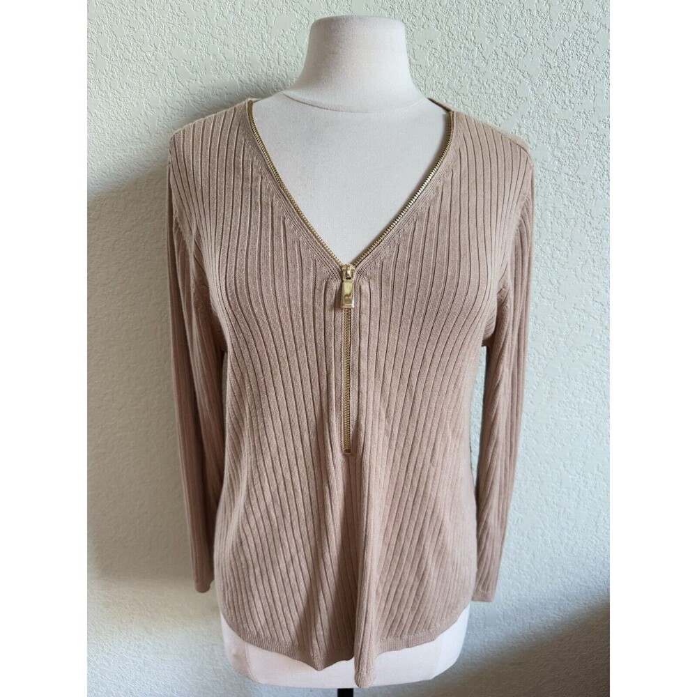 Soft Surroundings Ribbed Valentina Half Zip Sweater Top Blouse Women Sesame Sz L